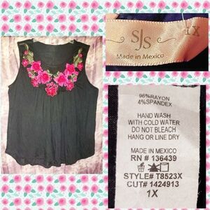 SJS brand Blk w/Multiclr Embroidered 3D Floral Design Knit Tank Top 1X(16/18/20)